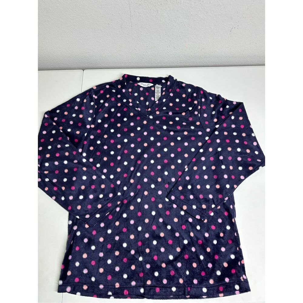 Hotel Spa Collection Polka Dot Feece Pajama Top Navy Blue Pink Size XL See Notes